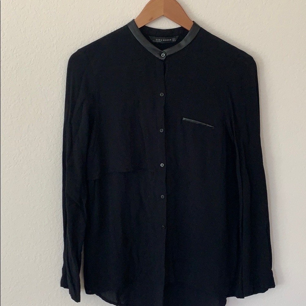 ZARA Button Up Blouse with Leather Detail